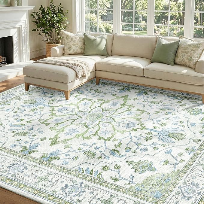 RELEANY Area Rugs 7'x9' Washable Non-Slip, Floral Vintage Distress Print Pattern Medallion Carpet for Living Room Bedroom Dining Room, Green White Blue