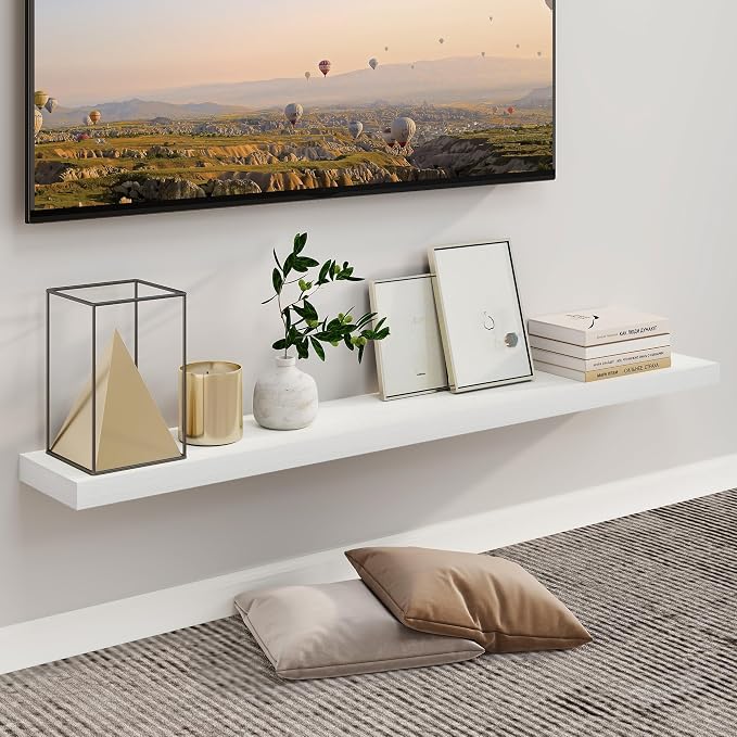 Fun Memories 55 Inch Fireplace Mantel - Long Floating Shelf, Wall Mounted Farmhouse Display with Invisible Heavy Duty Metal Bracket, White