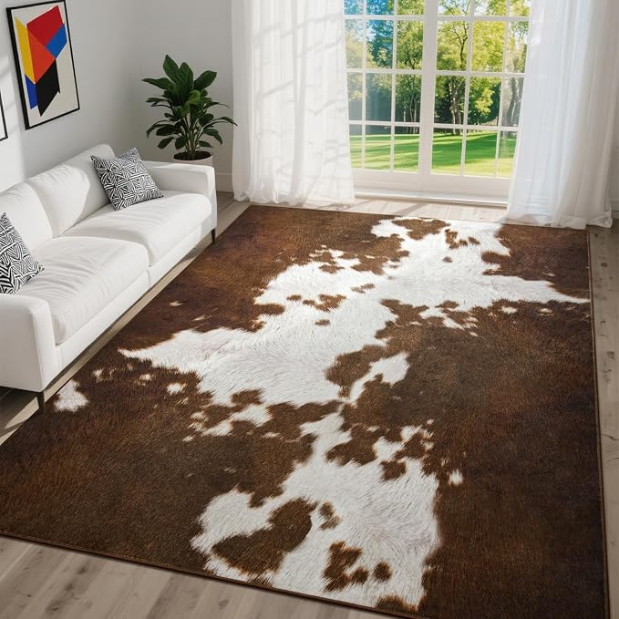 DweIke Cow Print Rugs for Living Room, 5x7 Soft Faux Animal Cowhide Area Rug, Washable Non-Slip Stain Resistant Throw Carpet for Dining Room Office Western Home Decor, Light Brown