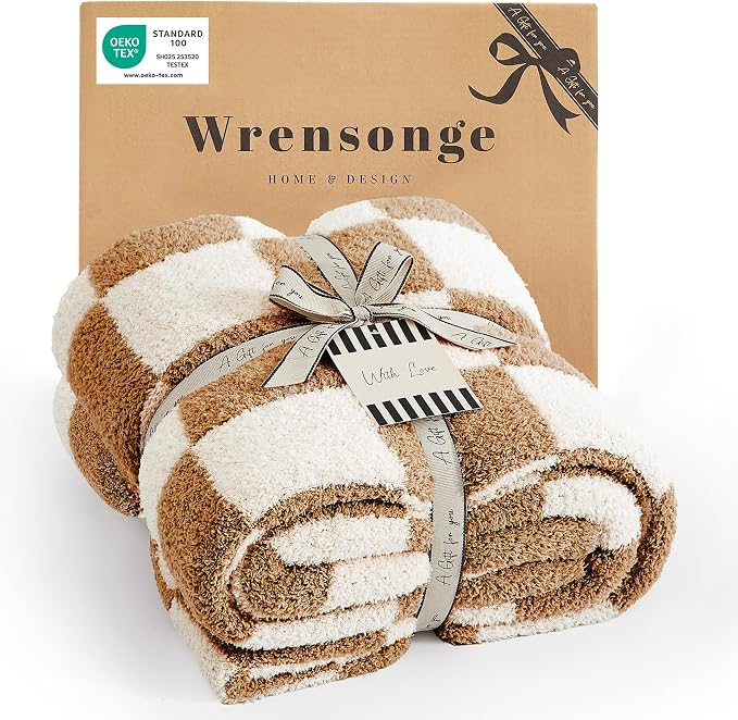 WRENSONGE Soft Checkered Throw Blanket for Couch-Cozy Warm Knitted Blankets | Lightweight Warm Fluffy Decor for Women, Mom, Her & Girls, Sofa, Chair, Bed, 50x70in, Burnt Orange