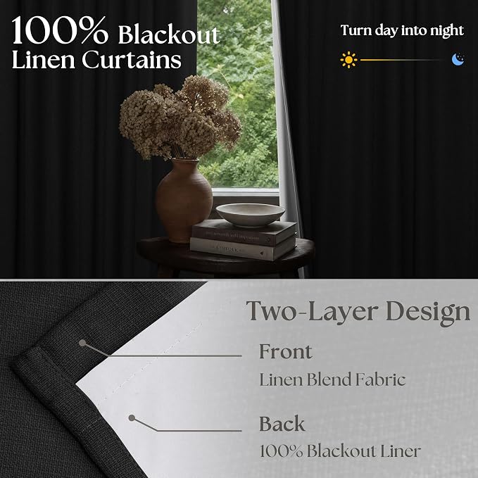 Black 80 Inch Pinch Pleated Black Out Curtains 2 Panel Set for Living Room Pinch Pleat Linen Drapes with Liner 80 Inches Long 100% Blackout Light Blocking Energy Saving Curtain for Dining Bedroom