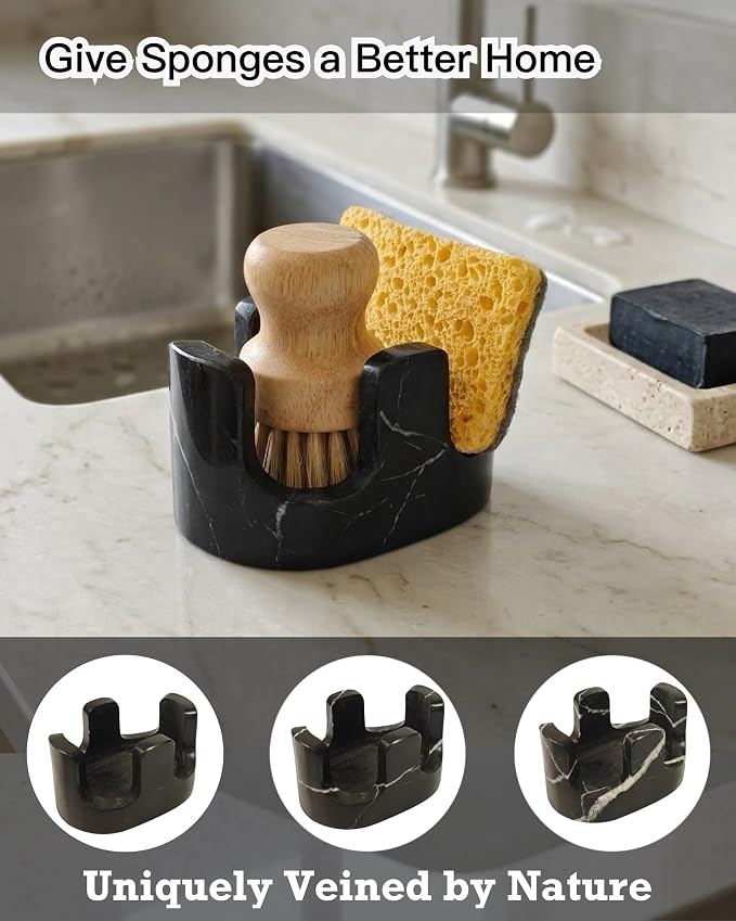 Black Marble Sponge Holder for Kitchen Sink, Dual Slot Stone Caddy, Nero Marquina | 2-in-1 Natural Marble Sponge & Brush Holder, Raised Edge Helps Catch Water, Keeps Countertop Dry, Luxury Kitchen Decor