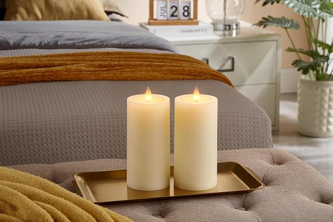 Flameless Pillar Candles Flickering with Remote Timer, Battery Operated LED Candles Up to 400 Hours, 3D Moving Flame Real Wax Candles. (Ivory Vertical Stripe-2 Pack)