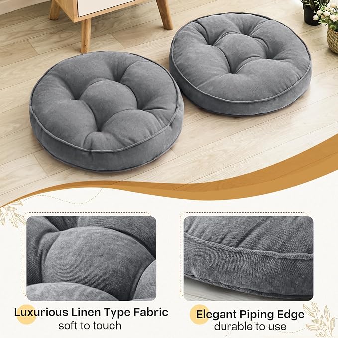1 MIDDLE ONE Floor Pillow Set of 2, Memory Foam Floor Cushions for Adults, Large Meditation Pillow for Sitting, 22 x 22 Inches (Round | Grey)