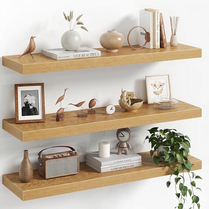 Fun Memories 30Inch Floating Shelves for Wall, 8 Inch Deep Shelves for Bathroom|Bedroom|Kitchen Wall Mounted, Wood Hanging Shelf with Invisible Brackets for Home Storage Decor, Oak - 3 Pack