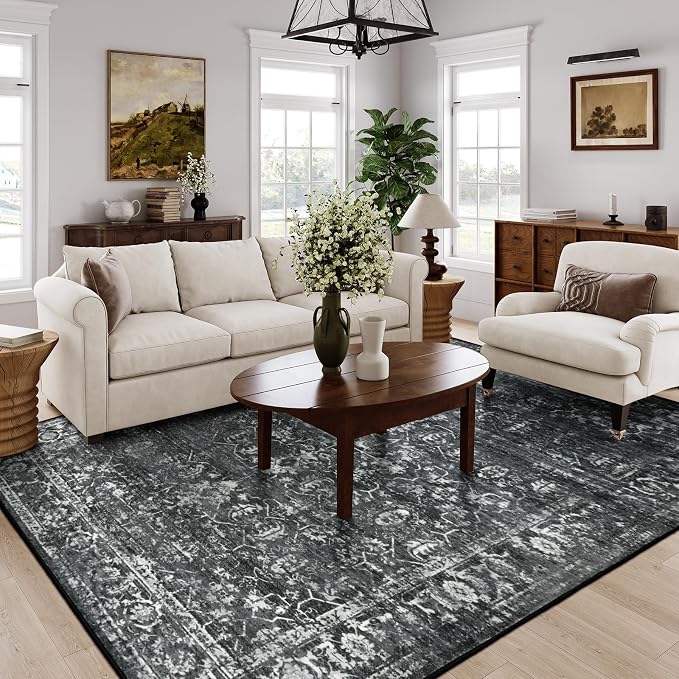 Lahome Margot 8x10 Area Rugs for Living Room Washable Rugs 8x10 Black Large Rug Indoor Carpet, Vintage Distressed Rug Soft Non Slip Area Rug for Bedroom Dining Room Home Office(8 x 10, Black/Grey)