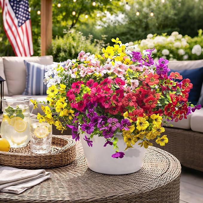 Grunyia 20 Bundles Artificial Flowers for Outdoors, UV Resistant Fake Plants Flowers Greenery Shrubs Plants for Decoration Outside Plants Hanging Planter Home Garden Decor (Mix（6 Color）)