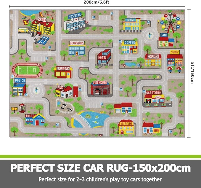 Capslpad Tan Car Road Kid Rug Carpet Playmat for Playoom Traffic Road Kids Play Mat for Toddler Non Slip Washable City Map Race Track Carpet Rug for Kids Room Bedroom Nursery Room Decor,6.6'x5'