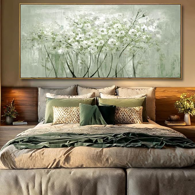 Green and White Floral Wall Art Blossom Canvas Painting Nature-Inspired Artwork Large 40x88 Modern Framed Wall Decor for Living Room Bedroom Office