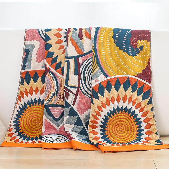 Queen Boho Throw Blanket for Bed 100% Cotton Ultra Soft Rustic Cozy Muslin Quilt Farmhouse Decor Bed Blanket,80"×90" All Season Rustic Throw for Sofa Couch,Colourful Sun