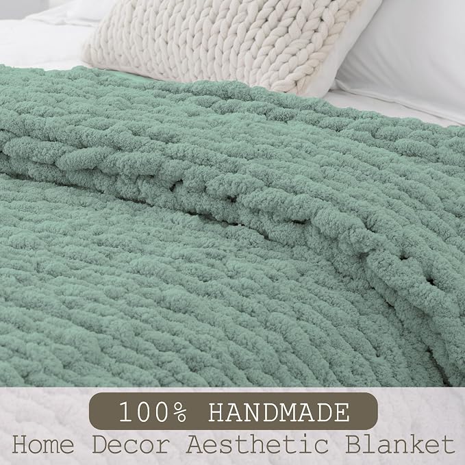 Chunky Knit Throw Blanket 50x60, 100% Handmade Chenille Yarn | 4.4lbs Soft Thick Cable Knitted Blankets, Large Rope Knot Crochet Throws for Couch Sofa Bed Machine Washable, Sage Green