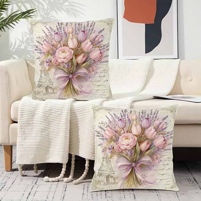 Vintage Tulip Pillow Covers Retro Lavender Throw Pillow Covers 16x16 Pink Purple Flower Bouquet Pillow Cases Spring Summer Shabby Chic Floral Cushion Case for Sofa Couch 2 Pack