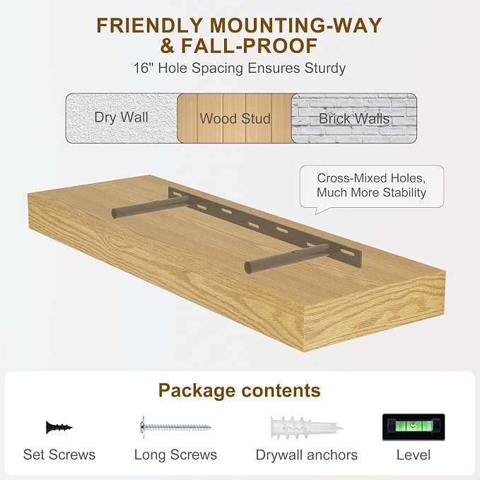 Fun Memories Floating Shelves for Wall, 48Inch Long Floating Shelves Set of 1, Hanging Shelf with Invisible Brackets, Wood Shelves for Living Room, Bedroom, Kitchen, Oak