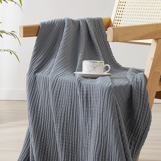 David's Home Soft Muslin Blanket Throw Size for Adults, 60% Rayon 40% Cotton, Breathable Lightweight Cooling Blanket for Hot Sleepers, 4-Layer Cozy Gauze for Bed, 50"x60", Grey