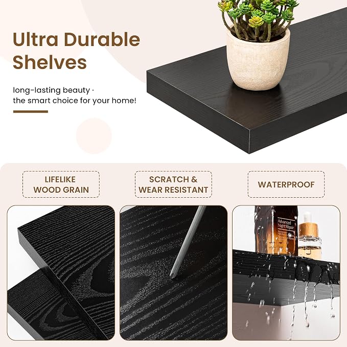Marsmiles Square Floating Shelves for Wall, 12" W x 12" D x 1.5" H, 3 Pack Small Wall Mounted Engineered Wood Shelves with Invisible Brackets for Living Room, Bedroom, Bathroom, Kitchen Decor, Black