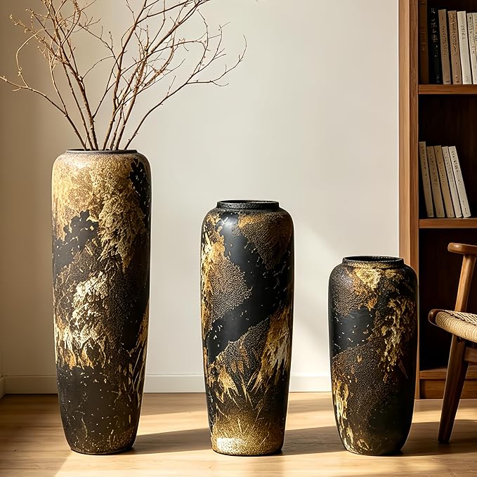 Black Rustic Ceramic Tall Floor Vase, 15.7 Inch Vintage Large Farmhouse Vase Pottery Clay Terracotta Rustic Vases for Home Decor Living Room Entryway Table Centerpieces,Kitchen,Housewarming Gifts