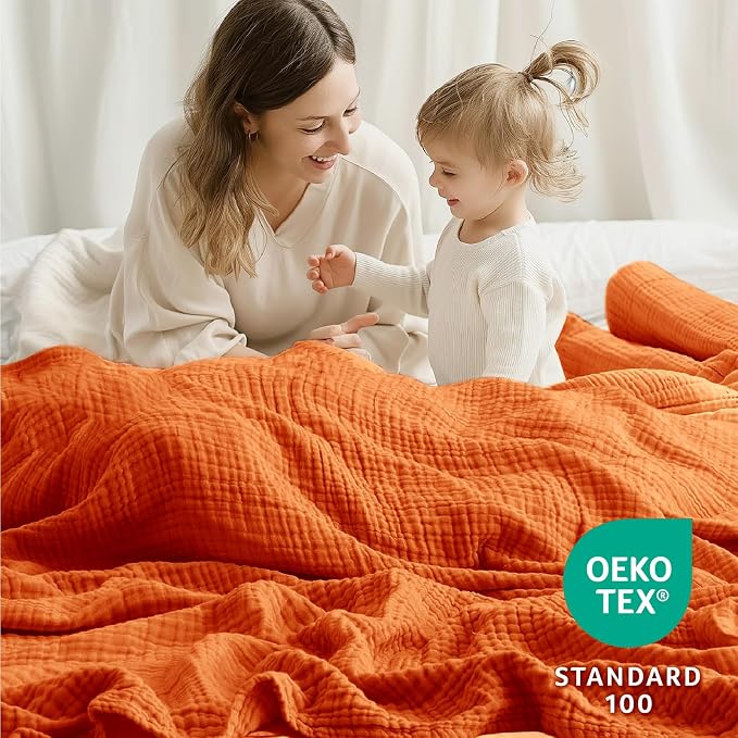100% Cotton Muslin Blanket 50"x 60", 6 Layers Breathable and Lightweight Cotton Throw Blankets for Couch, Soft Cooling Summer Gauze Blanket for Adults All Season, Burnt Orange