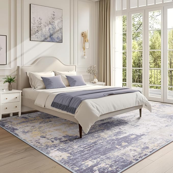 RELEANY Washable Area Rugs 7'x9' Non-Slip Modern Abstract Soft for Living Room Entryway Bedroom Nursery, Print Pattern, Purple Grey Cream Yellow