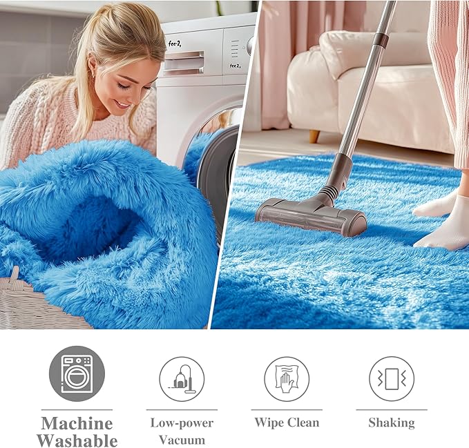 OLANLY Bright Blue Round Rugs for Bedroom - Machine Washable, 9 ft Circle Area Rugs for Living Room, Soft and Fluffy Shaggy Carpet for Teen Girl and Boys, Nursery Rooms, Dorms, Home Decor Aesthetic