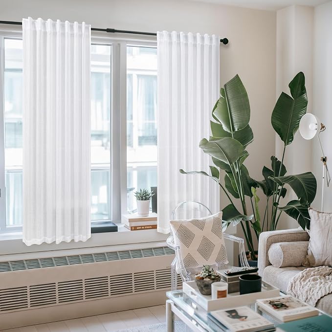 Pitalk White Linen Sheer Curtains 68 Inch Length 2 Panels for Living Room Rod Pocket Pleated Farmhouse Coastal Decor Cotton Textured Gauze Curtain for Dining Room Home Office French Door 52 x 68 Long