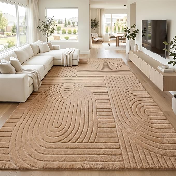 Brown Solid Area Rug 9x12, Large Washable Living Room Rug, Ultra Soft Indoor Rugs for Bedroom, Modern Geometric Boho Pattern High-Low Textured Carpet for House Apartment, Home Office Decor