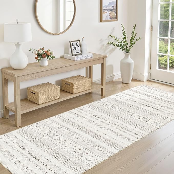cotiled Hallway 2.6x8 Runner Rugs: Washable Boho Rugs with Non Slip Backing Large Soft Indoor Low Pile Carpet for Living Room Bedroom Farmhouse Dining Room Lightweight Home Decor L Brown/Cream
