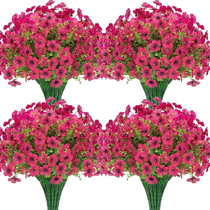 MERIXMAS 24 Bundles Artificial Flowers for Outdoors Decorations, Fake Flowers Artificial Plants Outdoor, Colorful Daisy Eucalyptus Realistic UV Resistant for Garden Patio Porch Home Decor, Rose Red
