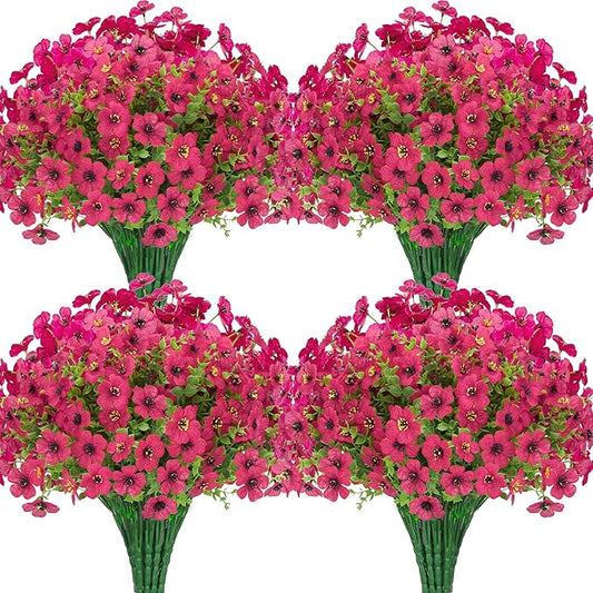MERIXMAS 24 Bundles Artificial Flowers for Outdoors Decorations, Fake Flowers Artificial Plants Outdoor, Colorful Daisy Eucalyptus Realistic UV Resistant for Garden Patio Porch Home Decor, Rose Red