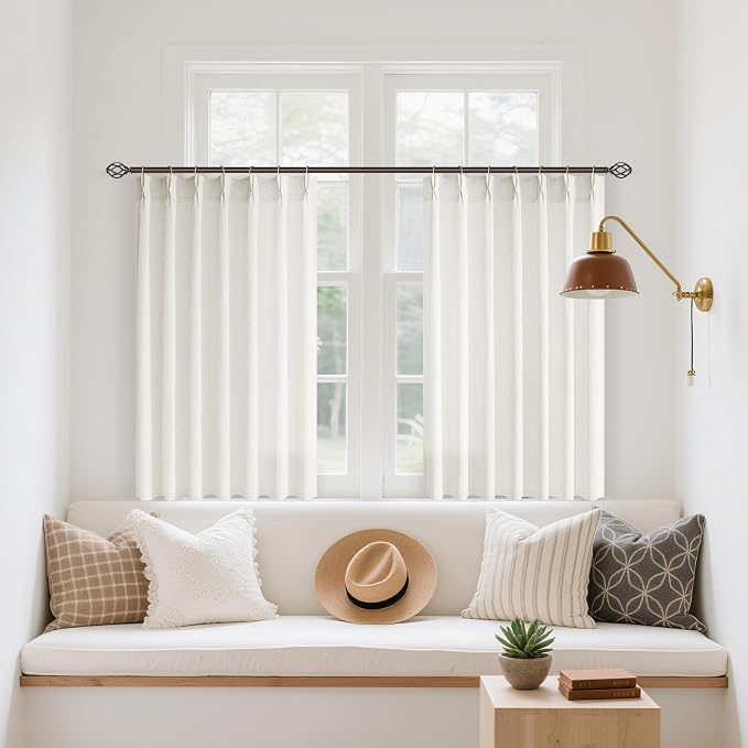 Cream Semi Sheer Linen Pinch Pleated Curtains 36 Inch Long | Ivory Beige Natural Neutral, Extra Short 36 inch, Light-Filtering Privacy, Bay Window, Faux Linen, Hook Rings Memory Shape