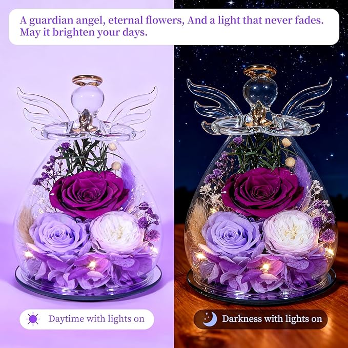 Gifts for Women Preserved Rose Forever Flower Eternal Roses in Glass Angel Figurines Fresh Flowers for Delivery Prime Mothers Day Birthday Gift for Mom Her Wife Grandma on Valentines Day Anniversary