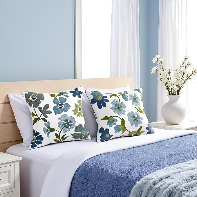 Embroidered Throw Pillow Covers 18x18 inch Pack of 2 Blue Blossoms Spring Summer Decorative Pillowcases Farmhouse Coastal Pillow Cushion Cases Home Decor for Sofa Bed Living Room