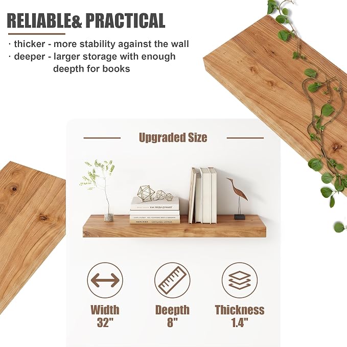 FLYJOE Floating Shelves for Wall, USA-Sourced Elm Wood 32 Inch Wall Shelves Set of 2, Natural Wooden Mounted Picture Ledge Shelf, Nursery Book Storage Shelf Kids Bookshelf Display, Shelf for Bathroom
