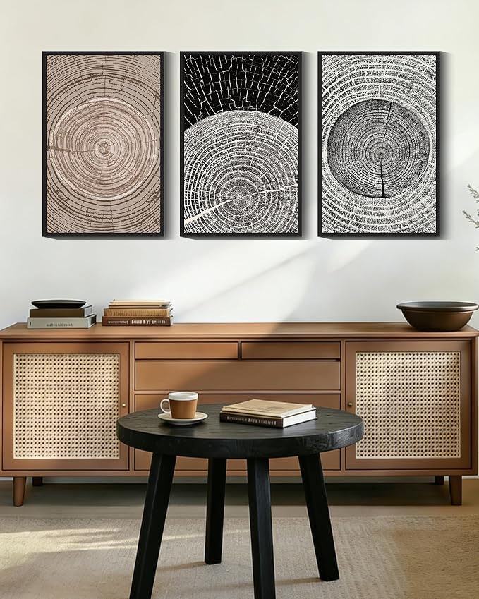 PHOPAGO Vintage Wood Tree Rings Wall Art Large 16x24in Farmhouse Rustic Framed Canvas Paintings Living Room Bedroom Decor Nature Artwork Black Framed