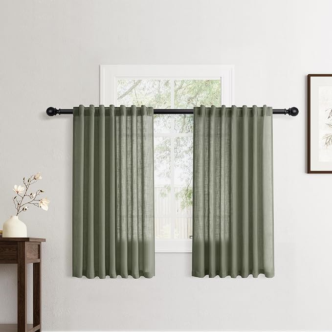 Jowels Olive Green Linen Curtains 40 Inch Long 2 Panels for Living Room | Loden Light Filtering Semi Sheer Curtain, Back Tab Pocket Pleated Look,Farmhouse Textured Privacy Drapes for Bedroom Window