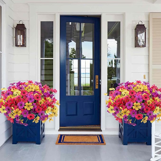 Geegoods Artificial Mums Flowers for Outdoors, 12 Bundles UV Resistant Fake Plastic Colorful Mix Flowers for Patio Porch Spring Summer Decor