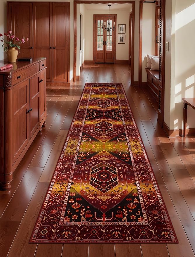 SERISSA Runner Rug for Hallways, 2'6"x12' Washable Non Slip Kitchen Runner Rug, Extra Long Boho Rug Ultra Soft Vintage Rustic Red Gold Floor Carpet for Bedroom Hallway Entryway Laundry Room