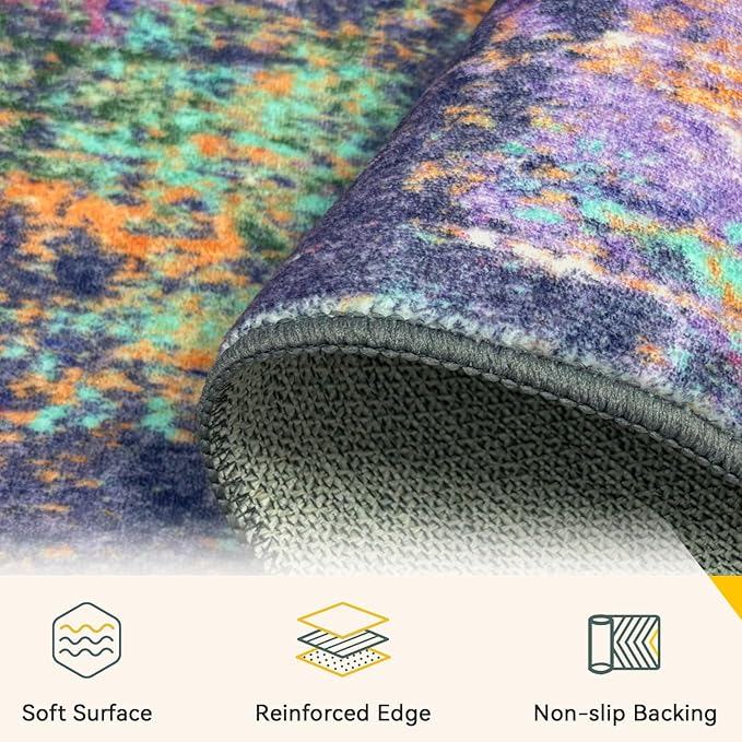 RELEANY Washable Area Rugs 5'x8' Non-Slip Modern Abstract Soft for Living Room Entryway Bedroom Nursery, Print Pattern, Purple Orange Blue Green Rust Red Colorful