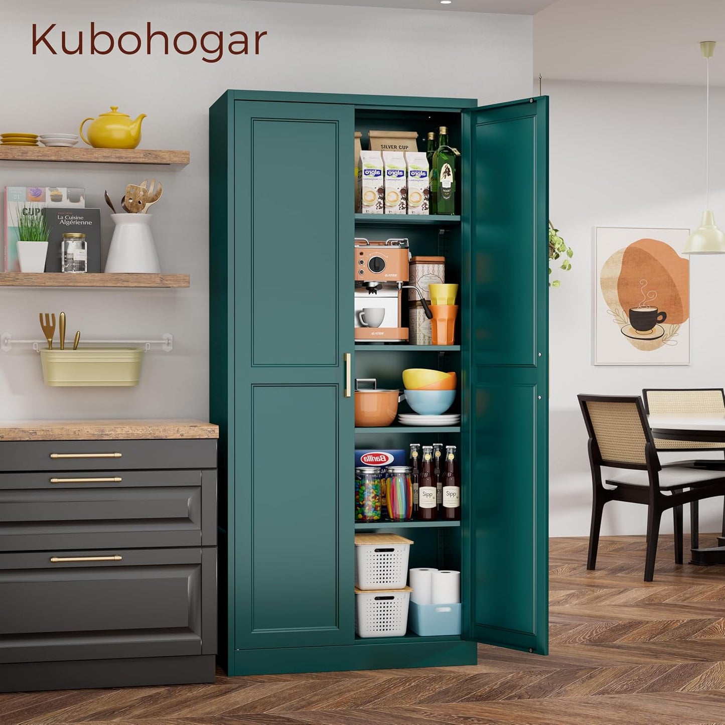 71" Metal Pantry Cabinet, Tall Kitchen Pantry Storage Cabinet with 4 Adjustable Shelves and Gold Handles, Green Cupboard for Kitchen, Dining Room, Living Room