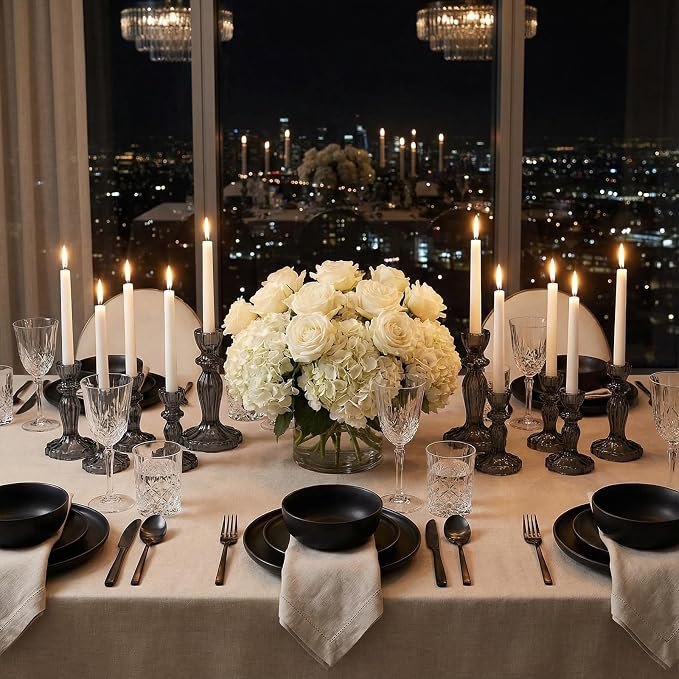 12 Pack Glass Candlestick Holders Set 4.3/6.1'' Taper Stripe Candle Holder Bulk Floral Shape Crystal Decorative Candle Stand Centerpiece for Table Wedding Dining (Black)
