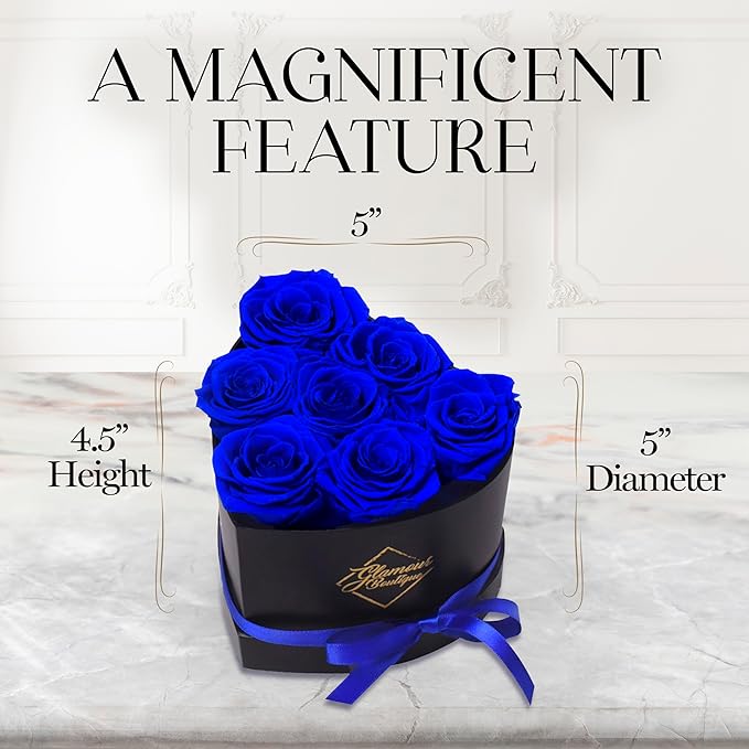 GLAMOUR BOUTIQUE 7 Flower Forever Heart Shape Box, Eternal Preserved Roses Gift for Her, Lasting Flowers, Petite Floral Heart Box for Birthday, Anniversary or Valentine’s Day, Blue (Color-Treated)