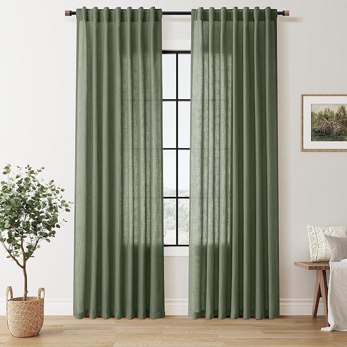 Nanspring Olive Green Linen Curtains 84 Inches Long 2 Panels for Living Room Semi Sheer Bedroom Linen Back Tab Light Filtering Loden Moss Green Farmhouse Boho Drapes 84 Inch Length Loden W50 x L84