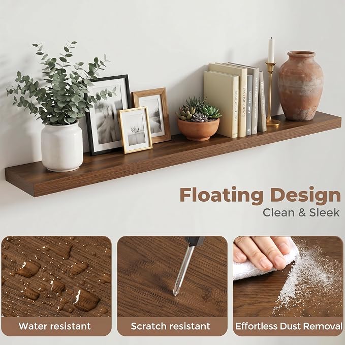 72 Inch Floating Shelves for Wall, 8"D Wood Storage Shelves, Walnut Finish | Engineered Wood, Invisible Bracket, Large Storage, Easy Install, Hold Up to 99lbs, Living Room, Bathroom, Bedroom, Kitchen