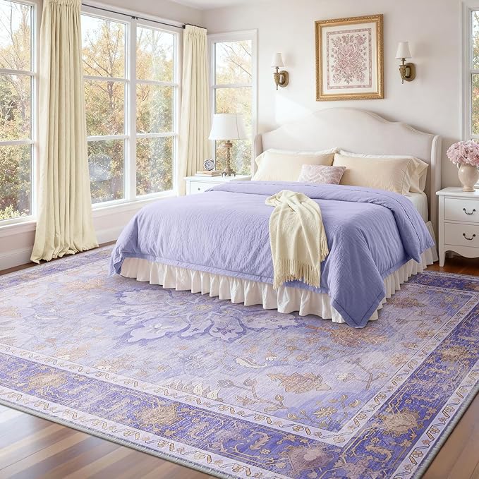 RELEANY Area Rugs 8'x10' Washable Non-Slip, Floral Vintage Distress Print Pattern Medallion Carpet for Living Room Bedroom Dining Room, Light Purple Brown