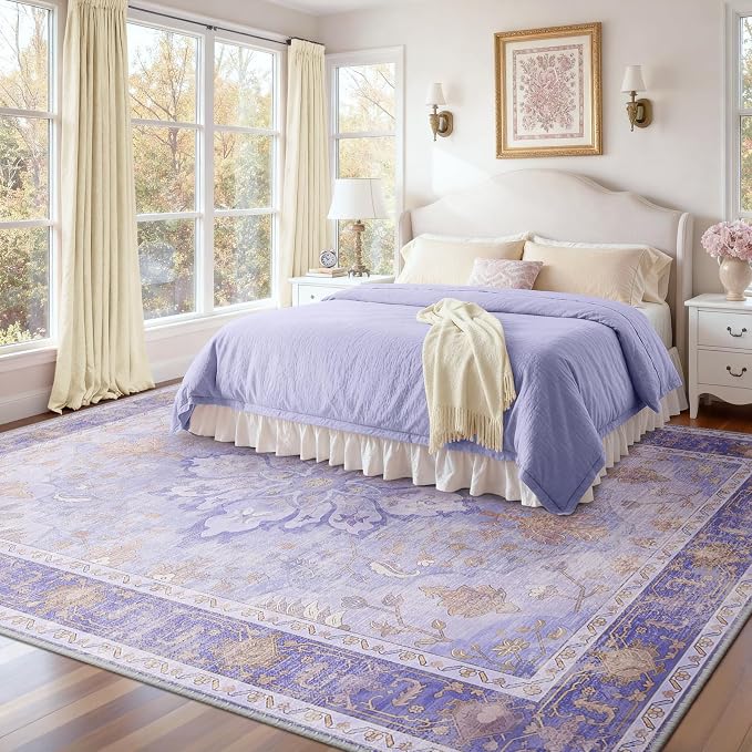 RELEANY Area Rugs Large 10'x12' Washable Non-Slip, Floral Vintage Distress Medallion Carpet for Living Room Bedroom Dining Room, Light Purple Brown