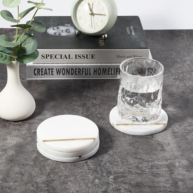 Koville Marble Coaster Set of 4, Round Coasters, 4" Stone Coaster for Drinks Coffee, White Marble with Gold Brass Coasters for Coffee Table Home Bar Decor, Heat Resistant, Gift Choice