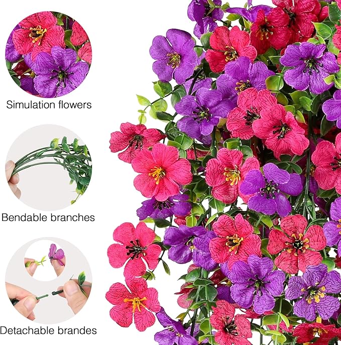 Artificial Flowers for Outdoors Spring Decor, 6 Bundles UV Resistant Realistic Faux Silk Hanging Flowers, Fake Plants for Planter Indoor Outside Garden Porch Patio Balcony Yard(Fuchsia Purple)