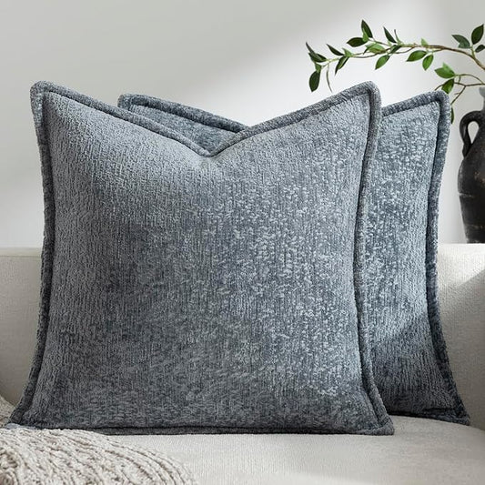 DEZENE Pack of 2 Dusty Blue Decorative Throw Pillow Covers 20x20 Cozy Soft Chenille Boho Accent Vintage Farmhouse Square Couch Pillow Covers for Home Decor Bed Sofa Living Room