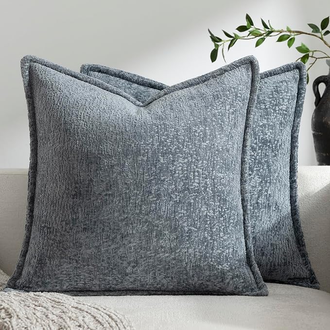 DEZENE Pack of 2 Dusty Blue Euro Shams Pillow Covers 26x26 Cozy Soft Chenille Decorative Throw Pillow Covers Accent Vintage Square Couch Pillow Covers for Home Decor Bed Sofa Living Room