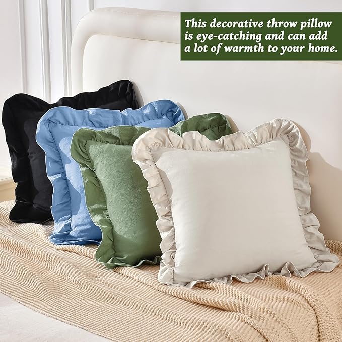 AmHoo Pack of 2 Throw Pillow Covers 100% Cotton Pre Washed Ruffle Decorative Pillowcase Cushion for Couch Sofa Bedroom 18 x 18-Inch Sage Green