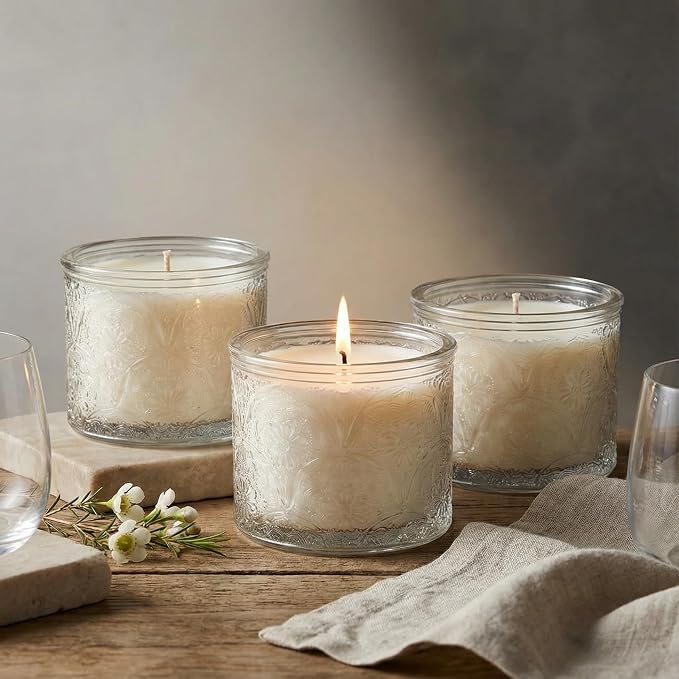10 oz Clear Mandala Glass Candle Jars with Bamboo Lids, 9 Pack | Patented Embossed Design, Includes Wick Centering Devices & Warning Labels, Multiple Color Options